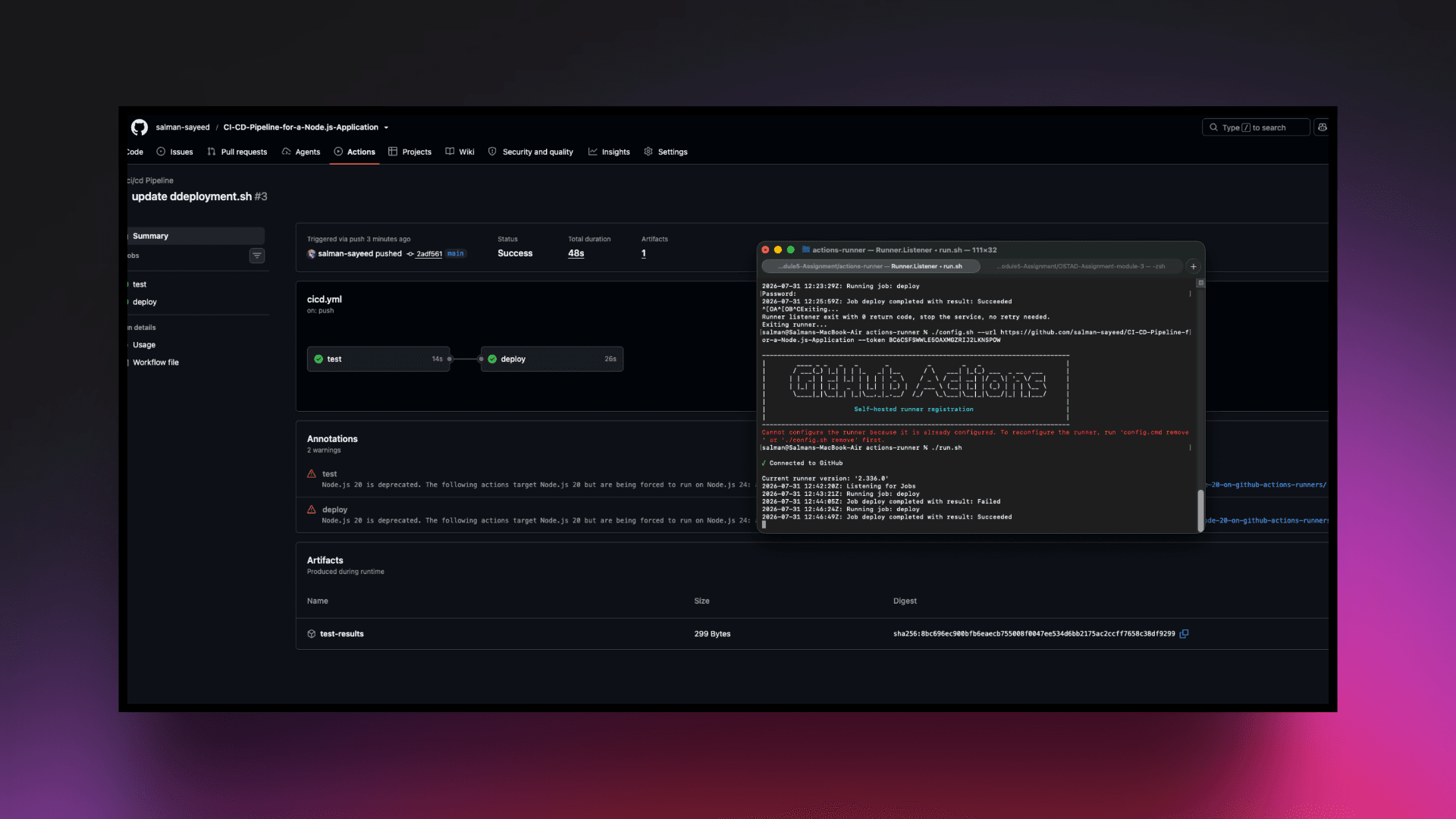CI/CD Pipeline for a Node.js Application Using Self-Hosted GitHub Runner screenshot 1